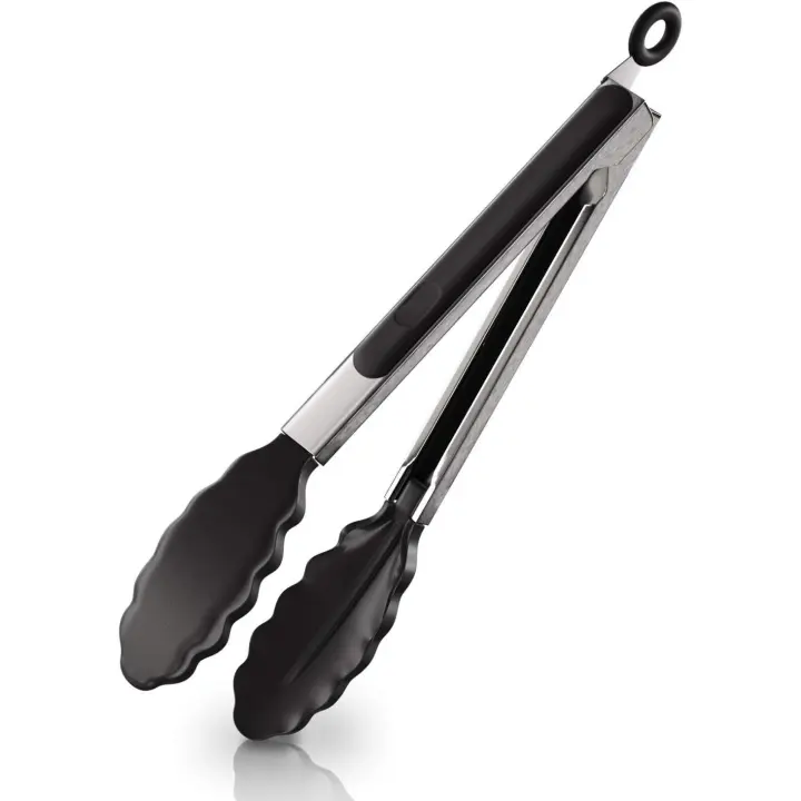 Pinzas de silicona para cocina de 23 cm | Mango de acero inoxidable para un agarre firme | Pinzas prácticas para asar, servir, freír y cocinar (1 pieza, negras) - 1