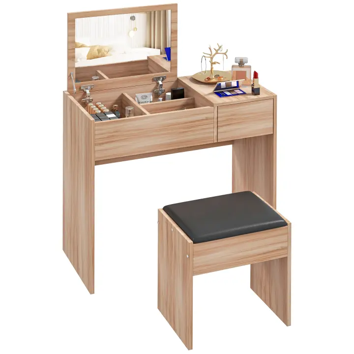 HOMCOM Tocador Mesa para Maquillaje con Taburete Espejo Tapa Abatible 3 Cajas y 1 Cajón de Almacenaje Tocador - 1