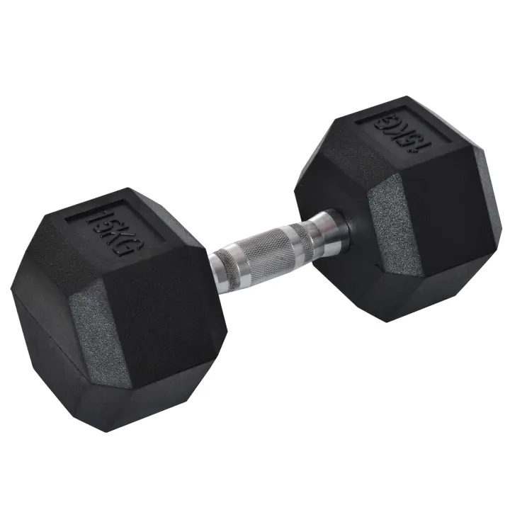 HOMCOM Mancuerna Hexagonal 15 KG Mancuerna con Barra de Conexión Metálica para Entrenamiento en Casa Gimnasio Oficina Negro y Plata - 1