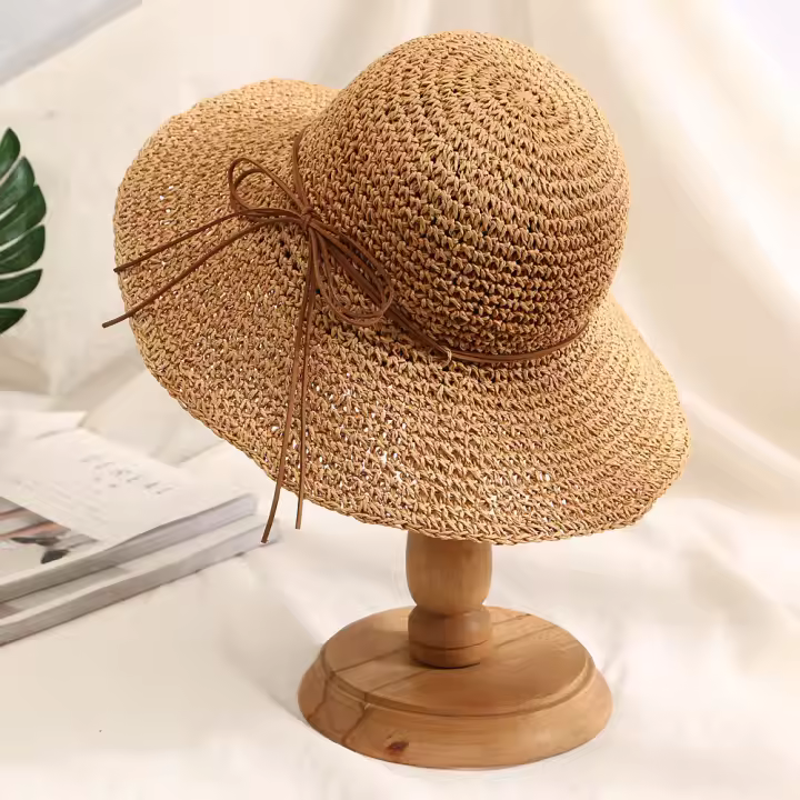 Sombrero De Pescador De Playa Con Gran Alas Y Lazo Hecho De Paja Tejida Protección Solar Para Mujer Estilo Panamá Coreano - 1