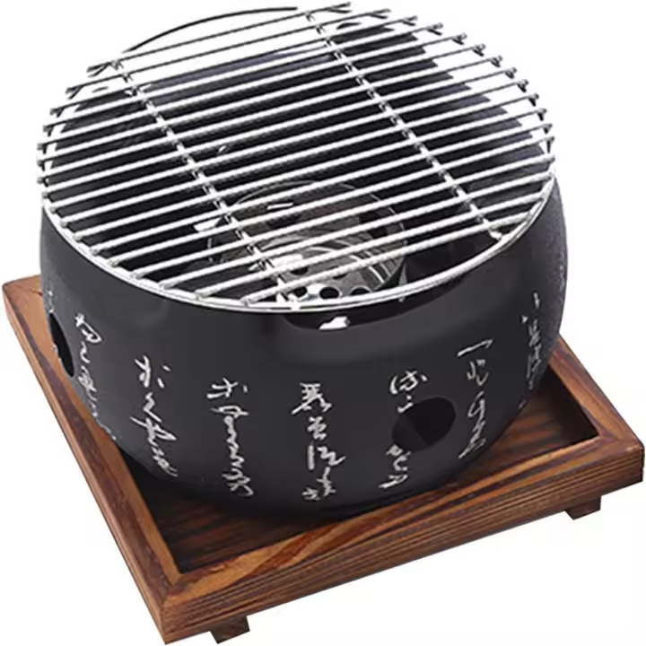 Parrilla de carbón de mesa redonda portátil con parrilla de metal y base de madera, para acampar, caminar, picnic - 1