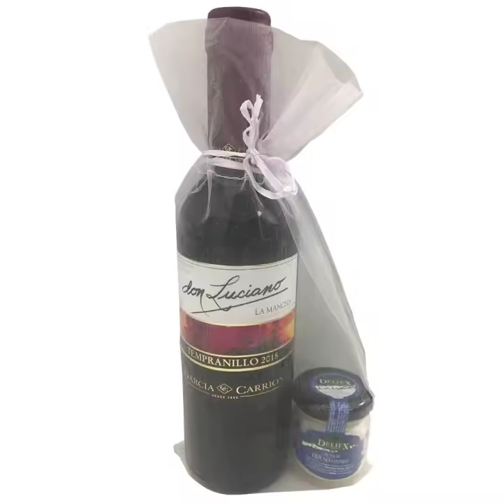 Detalle para comuniones con vino miniatura Don Luciano Tempranillo y una crema de queso de oveja y vaca en bolsa de organza (Pack 24 ud) - 1