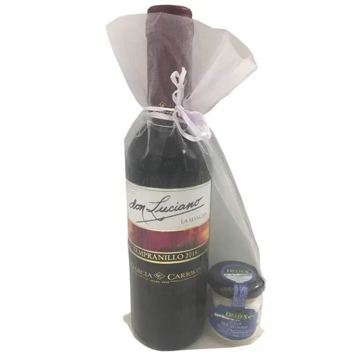 Detalle para comuniones con vino miniatura Don Luciano Tempranillo y una crema de queso de oveja y vaca en bolsa de organza (Pack 24 ud) - 1