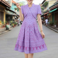 ZANZEA Vestido Elegante Para Mujer Con Estampado Bohemio De Verano A-Line Corto Manga Regular Vestidos Casual Suéter Oficina Sundress Mid-Calf - details 2