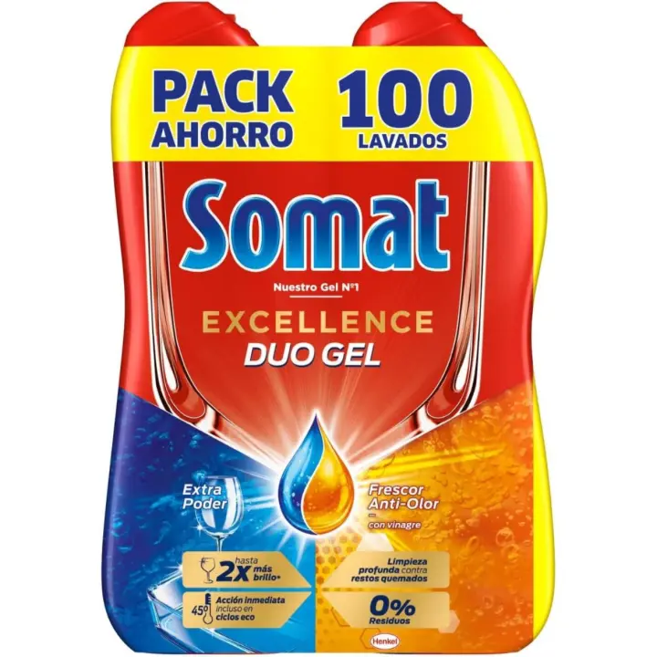 Somat Excellence Gel Frescor Anti-Olor (100 lavados), detergente lavavajillas desengrasante, lavavajilla líquido automático en botella, jabón para platos con vinagre - 1