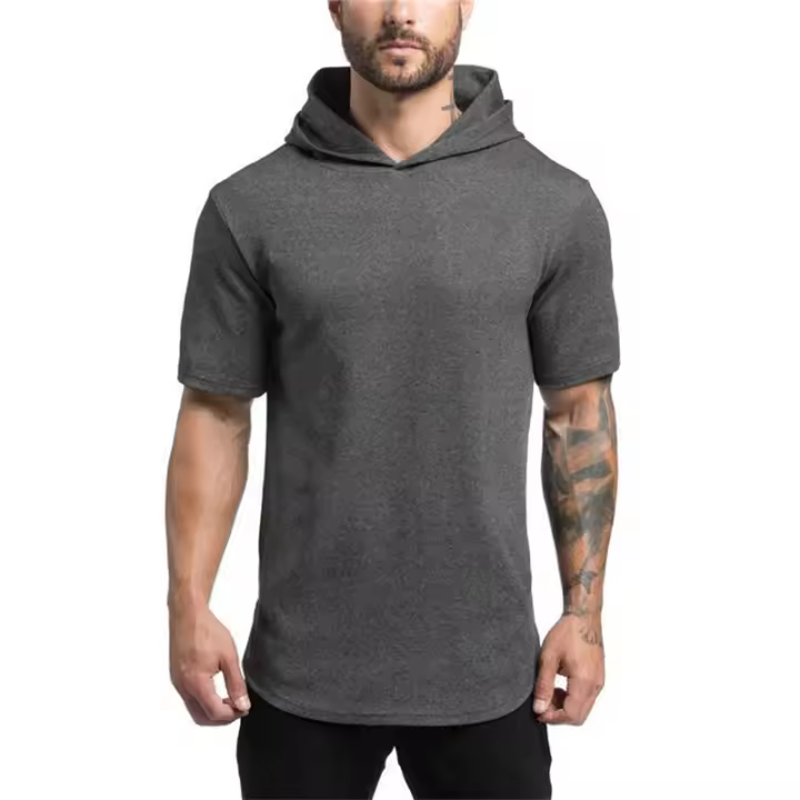 Gym Men Casual Fashion Hooded T Shirt Fitness Slim Fit Elasticity Breathable Bodybuilding Training Short Sleeve Tshirt Tee Tops - 1