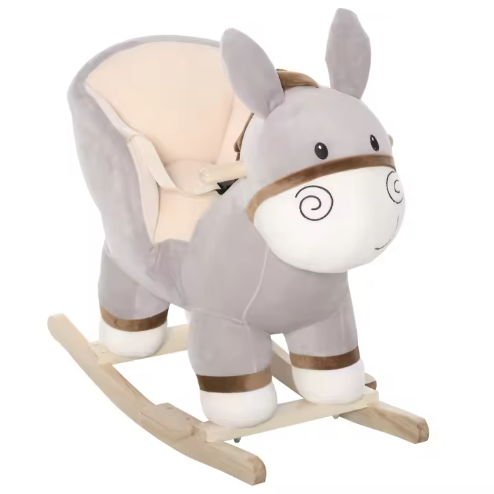 HOMCOM Caballito de Balancín en Forma de Asno Caballo Balancín para Bebé de +18 Meses con Manillar Cinturón de Seguridad y Reposapiés Felpa Suave 61x34x58 cm Gris - 1