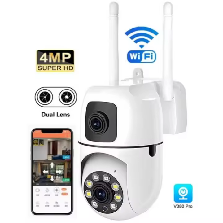 Cámara de seguridad para exteriores e interiores - Cámara giratoria de 360° con visión nocturna - Lente dual de 4 megapíxeles (4 MP) - Detección de movimiento y alarma - WiFi - Audio bidireccional - Vigilancia por cámara - 1