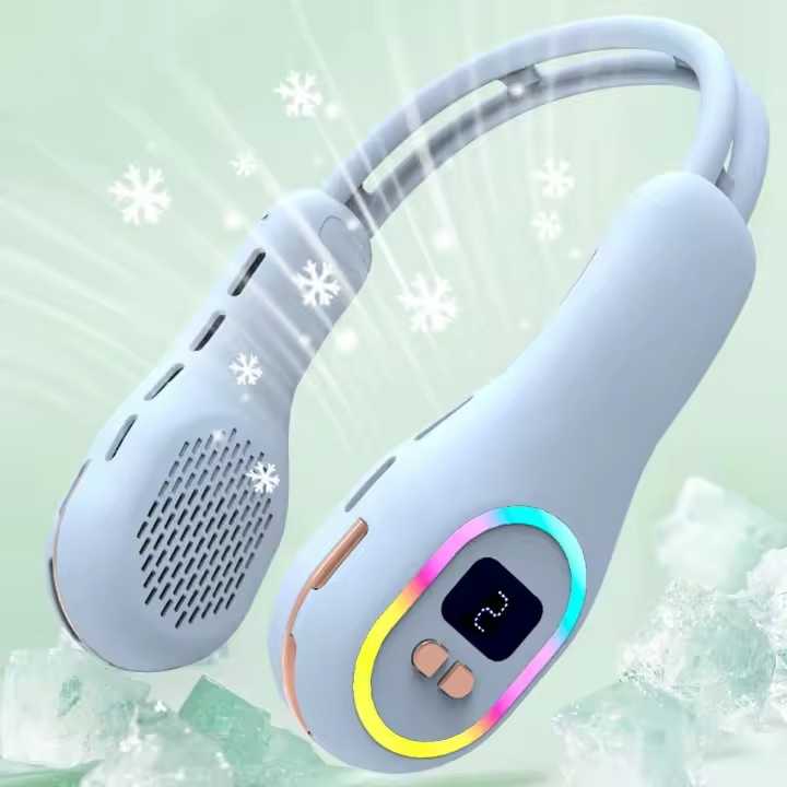 Ventilador de cuello portátil, manos libres, sin aspas, luces LED de colores, 3 velocidades, ajuste de dirección del aire, 4000 mAh, batería recargable USB. - 1