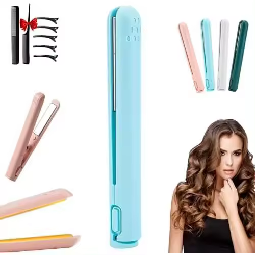 Rizador de pelo mini de doble propósito Dualglam, rizador de pelo mini Cozy Home, rizador de pelo mini 2 en 1 y plancha para el pelo para cabello corto, rizador de pelo mini de cerámica portátil con USB (azul) - 1