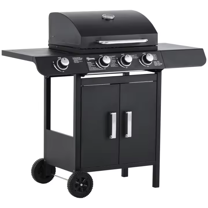 Outsunny Barbacoa de Gas BBQ con Ruedas Parrilla Gas con 3+1 Quemadores de 11,6 KW 2 Mesas Laterales y Termómetro Acero 110x50x100 cm Negro - 1
