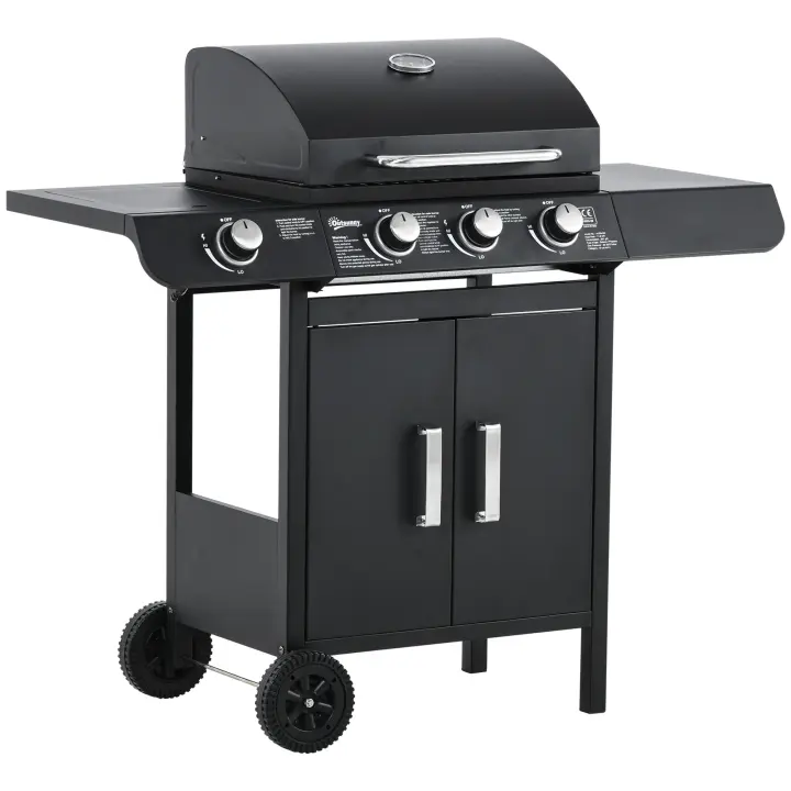 Outsunny Barbacoa de Gas BBQ con Ruedas Parrilla Gas con 3+1 Quemadores de 11,6 KW 2 Mesas Laterales y Termómetro Acero 110x50x100 cm Negro - 1