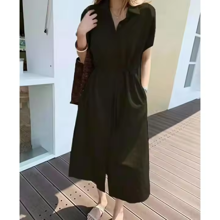 Vestido Camisa De Mujer REALEFT 2024 Primavera Lino Monabroca Con Bolsillo Cintura Alta Casual Suéter Solido Con Cordón - 1