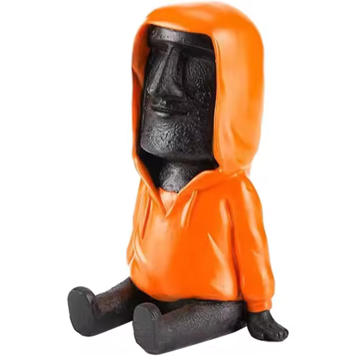 Estatua de Moai decorativa con cabeza de Isla de Pascua, escultura, retrato antiguo, figura retro de resina AHU para estantería, mesa, dormitorio, color gris y naranja - 1