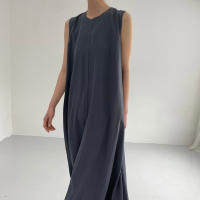 Vestido Maxi De Verano Para Mujer REALEFT 2024 Color Sólido Elegante Con Bolsillos Cintura Suelta Sin Mangas Casual Largo Hasta La Rodilla Material Algodón Y Poliéster - details 13