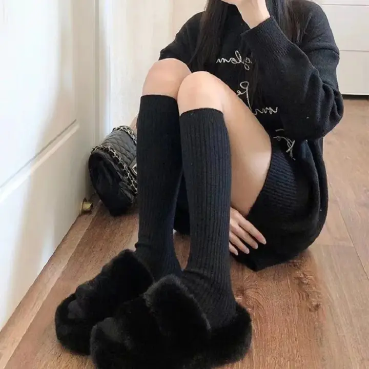 Pareja De Medias Largas Clásicas Para Mujer En Colores Sólidos Negro Blanco Gris Con Estampado Rayado Moda Versátil Y Cómodas - 1
