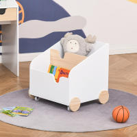 HOMCOM Caja de Almacenamiento de Madera para Juguetes 2 Secciones con Ruedas Asa Librería Infantil con Ruedas para Habitación de Niños 40x43x43 cm Blanco y Natural - details 1