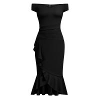 Vestido Elegante Para Mujer De Encaje Con Volante Y Cintura Ajustada Vestido De Fiesta Con Hombros Descubiertos Y Abertura En La Pierna Vestido Clásico De Cintura Alta Y Acolchado - details 11