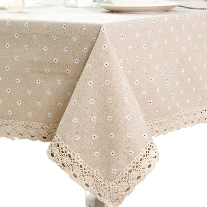 Mantel Rectangular con Patrón de margaritas, tela de Lino y Algodón con Borde de collar, Textil para hogar y Hotel, Ponible en 2 Tamaños - 1