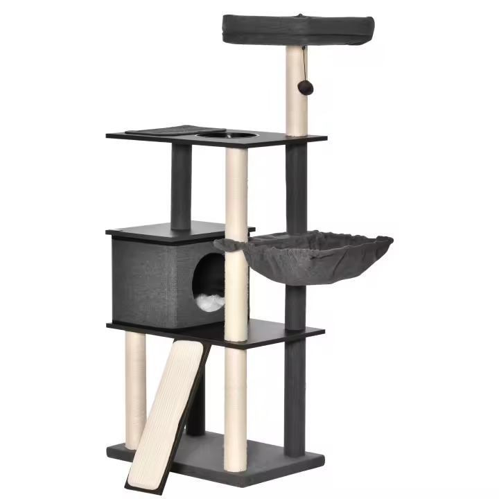 PawHut Árbol para Gatos Grande Altura 146 cm con Plataformas Cueva de Fieltro Extraíble Postes Rascadores de Sisal Hamaca Cojines Lavables Rampa y Bola de Juguete 60x40x146 cm Gris - 1