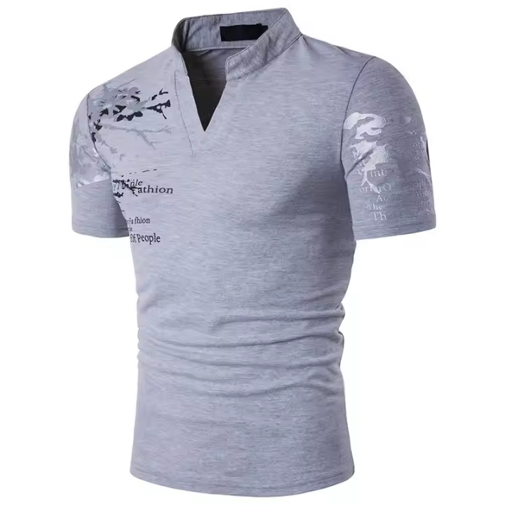Camiseta De Verano Para Hombre Con Estampado De Letras Casual Delgada Cuello En V Manga Corta De Corte Slim Fit Polyester - 1
