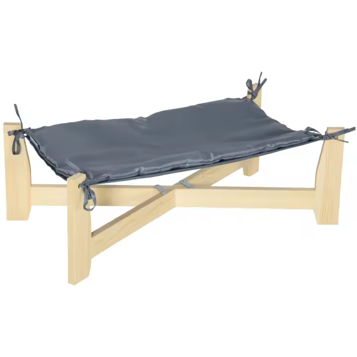 PawHut Cama para Perros Cama para Mascotas con cojín Lugar para Dormir para Perros para Interior y Exterior Tumbona para Perros Diseño elevado Madera de Pino Natural + Gris Claro 72 x 40 x 25 cm - 1