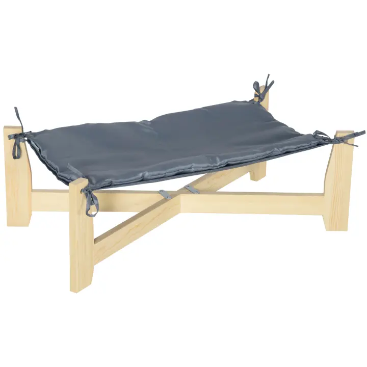 PawHut Cama para Perros Cama para Mascotas con cojín Lugar para Dormir para Perros para Interior y Exterior Tumbona para Perros Diseño elevado Madera de Pino Natural + Gris Claro 72 x 40 x 25 cm - 1