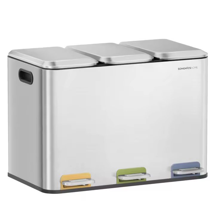 SONGMICS HOME Papelera de Cocina Triple, Cubo de Basura de 3 x 15 L con Pedales Codificados por Colores, Sistema de Separación de Residuos, con Tapas y Cubos Interiores, Acero, Negro/Plata Metálico Tinta/Blanco Nube - 1