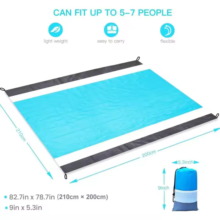 Manta de picnic de playa, manta de playa extragrande, mantas de picnic, manta de bolsillo de 210 x 200 cm, impermeable, lavable, esterilla de playa con 4 clavos fijos para playa - 1