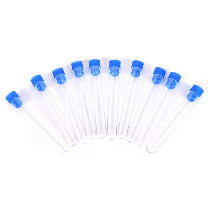 10 Pcs/Lot De Tubos De Prueba De Química 15x100mm Plásticos Transparentes Duros Con Tapa Azul Volar Mayorista Calidad Alta - 1
