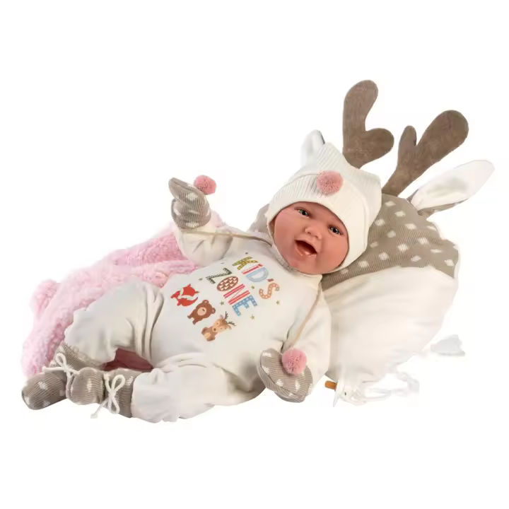 Muñeco recien nacido Mimi Sonrisas con peto Kids Zone, chupete y cojin Reno 40 cm (Llorens 74028) - 1