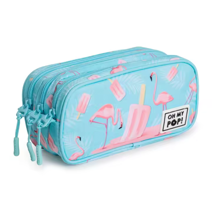 OH MY POP! Ice Flamingo - Estuche Escolar Triple Portatodo Tres Cremalleras TRICK FAN Turquesa - 1