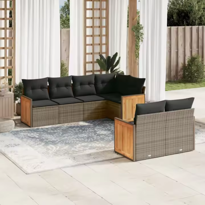 vidaXL Set de sofás de jardín 7 piezas con cojines ratán PE gris - 1