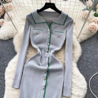 Vestido De Lana Elegante De Otoño Invierno Para Mujer Cintura Alta Botones Cuello Bajado Largo De Contraste Nuevo 2024 - details 6