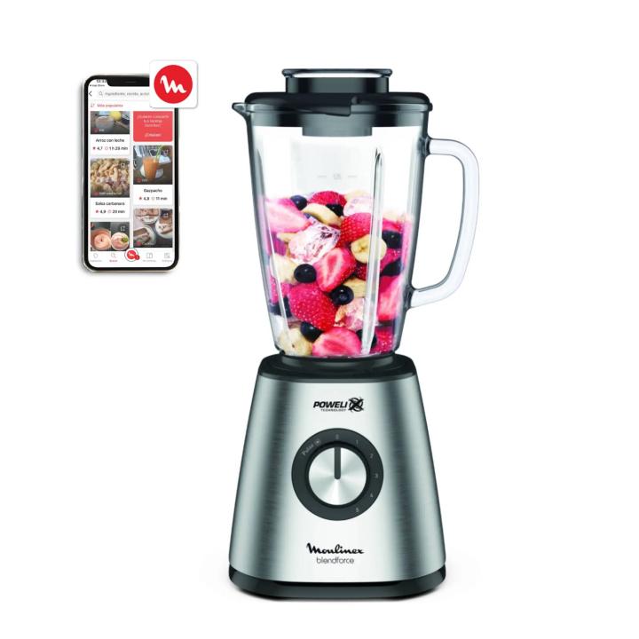 Moulinex batidora de vaso potente, 5 velocidades, función Pulse, 6 cuchillas Powelix, cuerpo de acero inoxidable, jarra de cristal termorresistente de 1,75 l, pica hielo, 800 W, LM439D