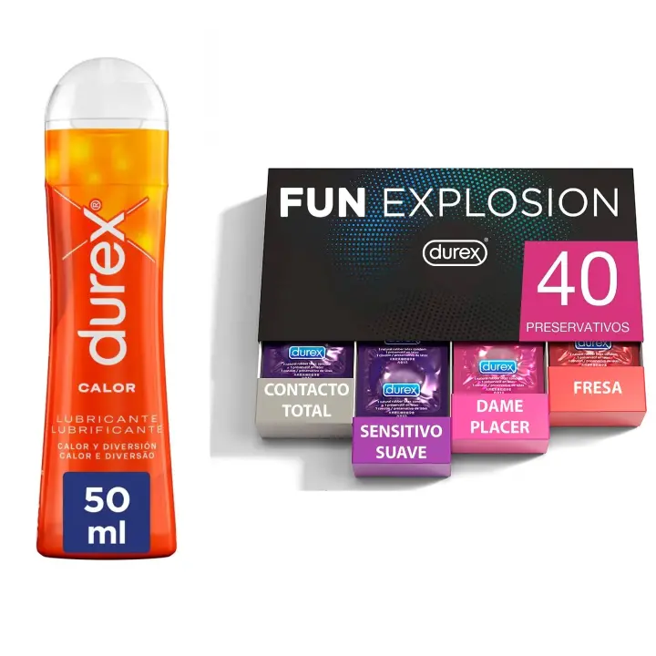 Durex - Lote Fun Explosion, Pack 40 Preservativos + Lubricante Efecto Calor 50 ml, Cosquilleo y Diversión, Sexo Seguro - 1