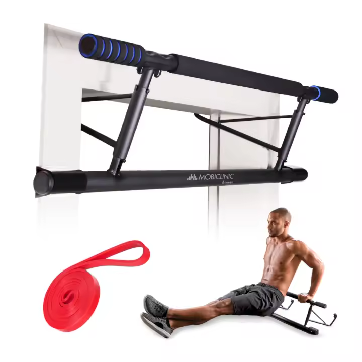 Mobiclinic Barra de Dominadas Carga Máx 200 kg Ajustable Material Hierro Revestido y EVA Instalación Sin Herramientas Elásticos Incluidos Plegable Negro y Azul K5 - 1