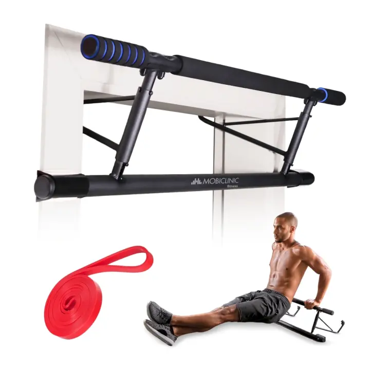 Mobiclinic Barra de Dominadas Carga Máx 200 kg Ajustable Material Hierro Revestido y EVA Instalación Sin Herramientas Elásticos Incluidos Plegable Negro y Azul K5 - 1