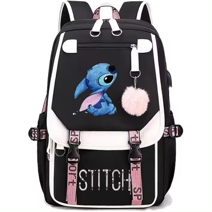 Mochila Escolar Stitch Negra con Detalles Rosas 45x30x19 cm – Mochila Grande para Niñas, Niños, Mujeres y Hombres, Resistente y Cómoda, Puerto USB y Salida de Auriculares, Ideal para Viaje y Universidad - 1