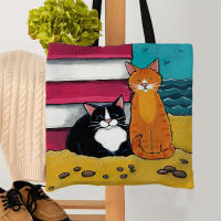 Bolso De Hombro Para Mujer Durable Y Casual Con Dibujos De Gatos Bolso De Compras Y Playa Reutilizable De Lino Unisex - details 11