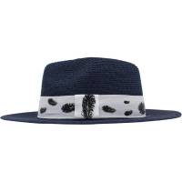 Kebedo Moda Sombrero de Paja Azul para Hombre Mujer Estilo Panamá, Sombrero Verano Transpirable para Sol, Playa, Vacaciones y Viaje, Diseño de ala Ancha con Cinta decorativa Blanca estampado Plumas, Talla Ajustable Unisex Adulto - details 1