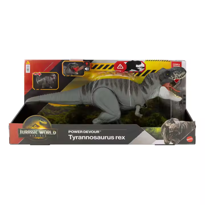 Jurassic World Figura Tyrannosaurus Rex Rebirth Power Devour, mordida continua, luces y sonidos (Mattel JCH02) - 1