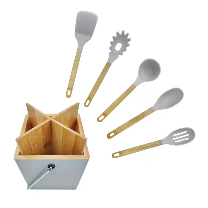 MAXWORK Set de 5+1 utensilios de cocina de silicona, resistente al calor, con mango de madera, antideslizante y duradero - 1