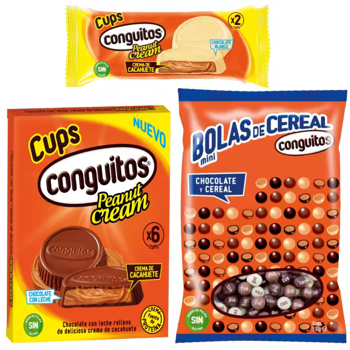 Pack Conguitos mini bolas cereal mix 1kg,Conguitos cups blanco 34g,Conguitos cups leche pack 3x34g - 1