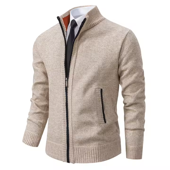 Chaqueta Deportiva Casual Para Hombre De Otoño E Invierno Color Sólido Cuello Erguido Cardigan De Fleece Cálido Con Cierre De Cremallera - 1