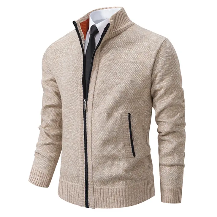 Chaqueta Deportiva Casual Para Hombre De Otoño E Invierno Color Sólido Cuello Erguido Cardigan De Fleece Cálido Con Cierre De Cremallera - 1