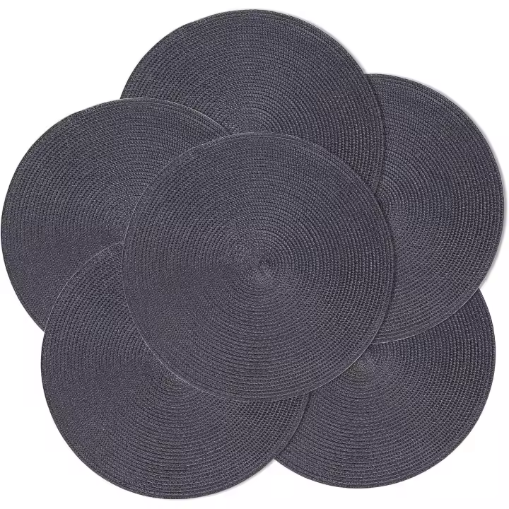 Juego de 6 /12manteles individuales redondos trenzados para mesas de comedor, lavables y antideslizantes, 15 pulgadas (negro) - 1