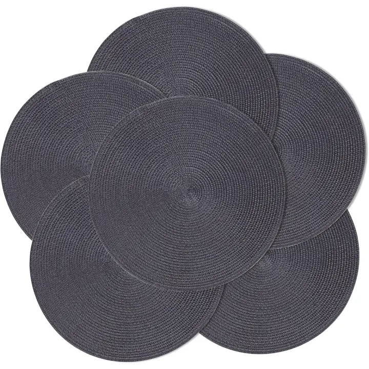 Juego de 6 /12manteles individuales redondos trenzados para mesas de comedor, lavables y antideslizantes, 15 pulgadas (negro) - 1