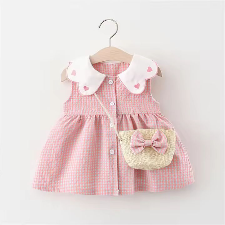 Vestido De Verano Para Niñas 2 Piezas Sin Mangas Con Cuello En Forma De Corazón De Encaje Vestido De Algodón Con Botones Estilo Casual A-Line Talla Verdadera - 1