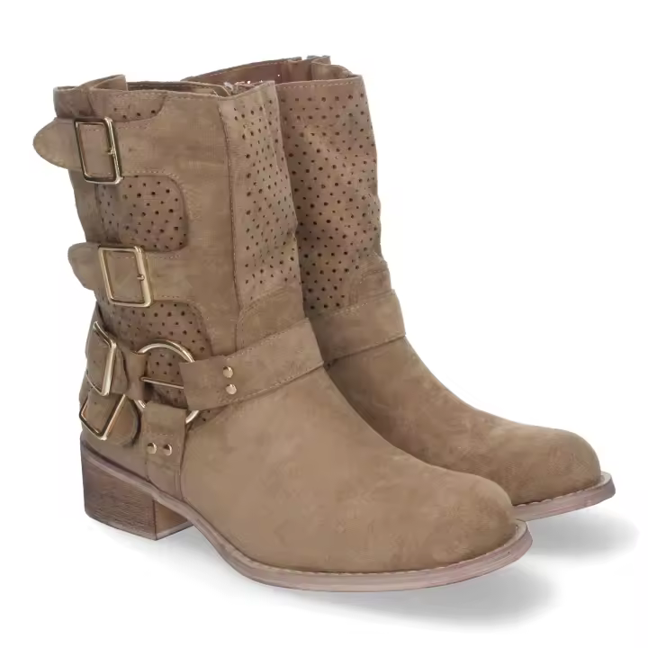 PuntoSalao Botines de tacón bajo calados estilo motero mujer color caqui L1001 - 1